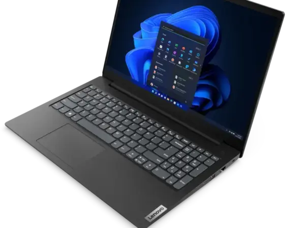 Ordinateur portable Lenovo V15 Gen 4 affichant l’écran de démarrage Windows 11 – vue latérale