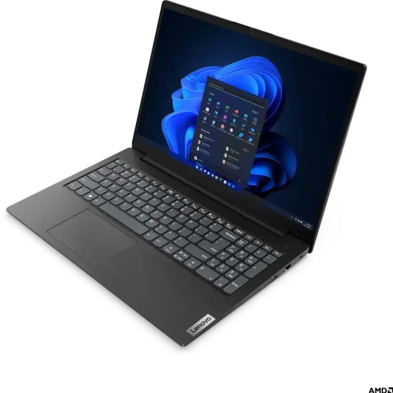 Ordinateur portable Lenovo V15 Gen 4 affichant l’écran de démarrage Windows 11 – vue latérale