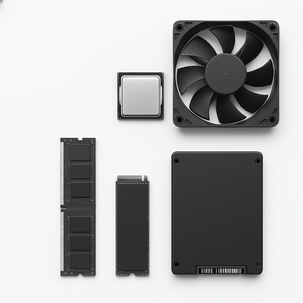 Vue en noir et blanc de composants informatiques : processeur, ventilateur, RAM, SSD et carte mère sur fond blanc