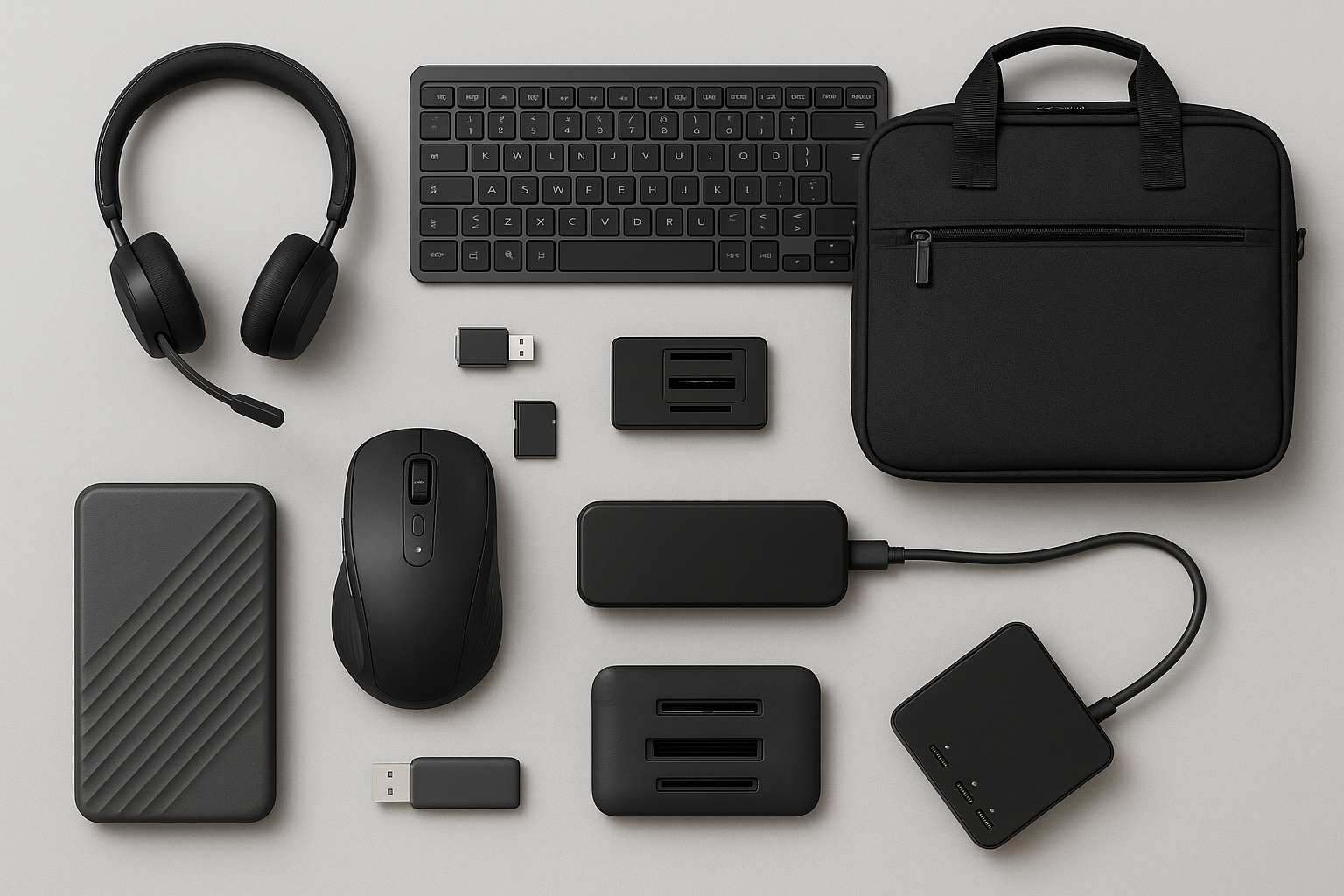 Accessoires informatiques essentiels incluant clavier, souris, sacoche pour ordinateur portable, lecteur de cartes et hub USB-C, posés sur une surface neutre.