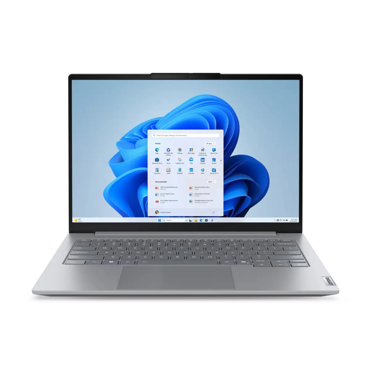 Vue frontale du Lenovo ThinkBook 14 G8 : un PC portable pro avec clavier confortable et écran Full HD.