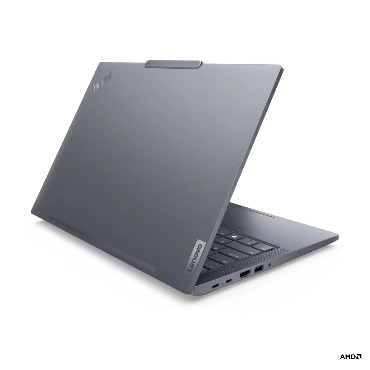 Ordinateur portable Lenovo ThinkPad T14 Gen 5 AMD, vue de côté, écran ouvert.