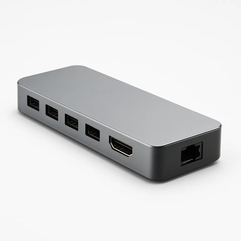 Station d’accueil USB-C avec ports HDMI, USB et Ethernet – Vue de près sur fond blanc