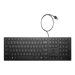 Clavier HP 320K filaire, vue de face avec câble USB déroulé – disposition QWERTZ pour la Suisse