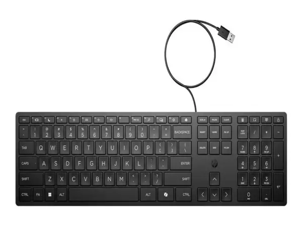 Clavier HP 320K filaire, vue de face avec câble USB déroulé – disposition QWERTZ pour la Suisse