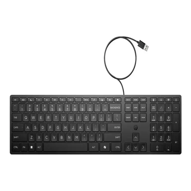 Clavier HP 320K filaire, vue de face avec câble USB déroulé – disposition QWERTZ pour la Suisse