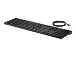 Clavier HP Desktop 320K filaire avec câble USB – Vue oblique, design compact noir, disposition QWERTZ CH