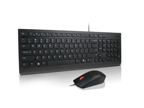 Clavier et souris filaire pour poste de travail – design compact, touches silencieuses, souris optique 1600 dpi, fond bleu clair.