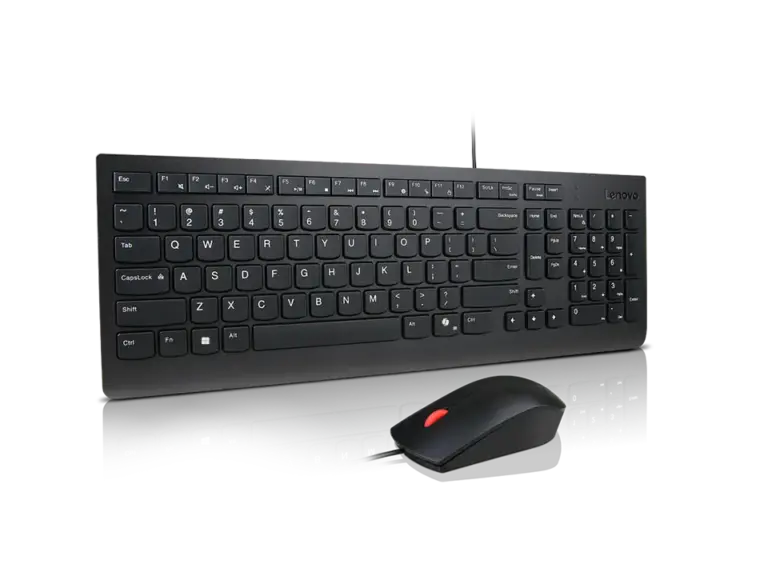 Clavier et souris filaire pour poste de travail – design compact, touches silencieuses, souris optique 1600 dpi, fond bleu clair.