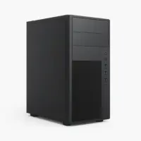 Ordinateur de bureau noir moderne sur fond blanc, avec ports USB visibles à l’avant