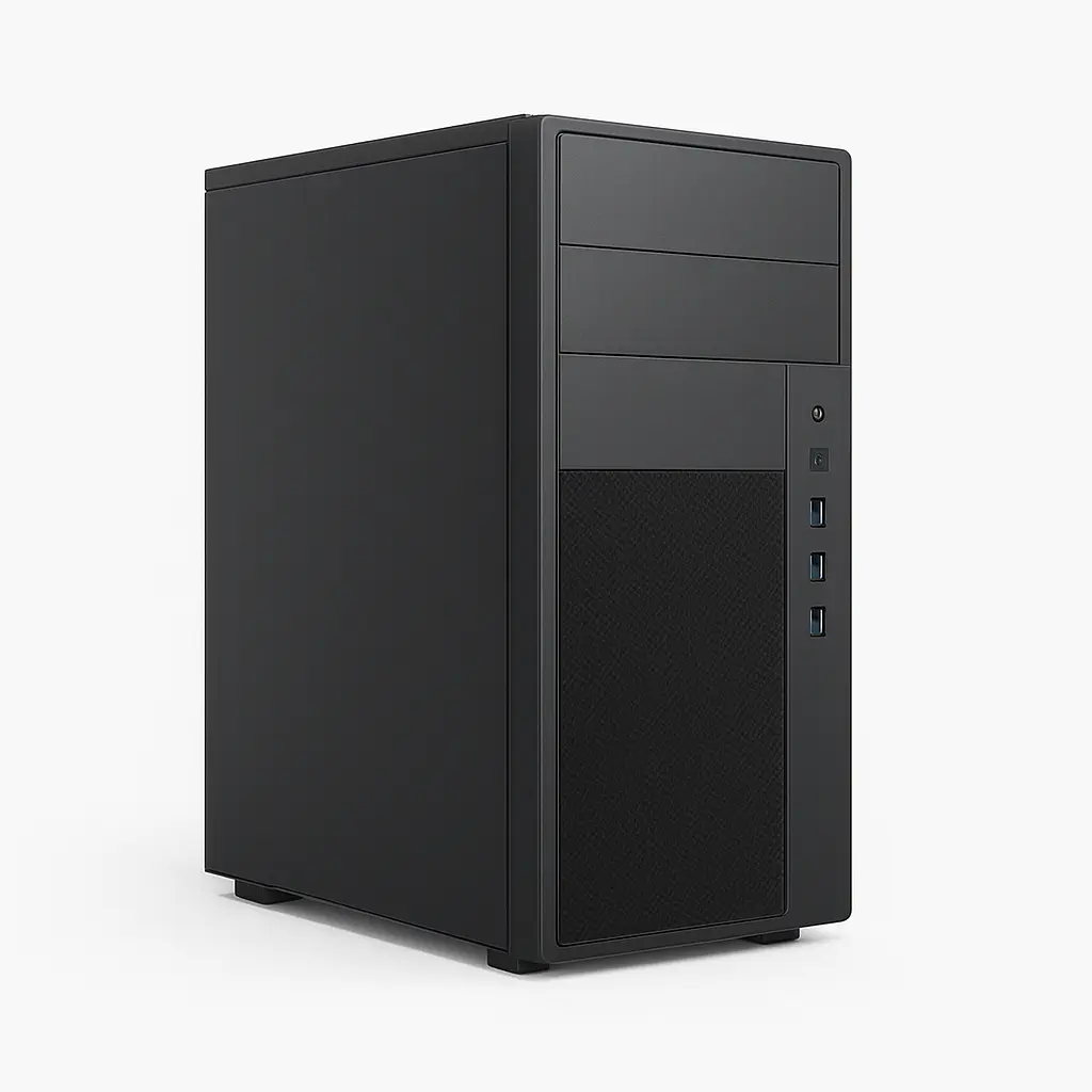 Ordinateur de bureau noir moderne sur fond blanc, avec ports USB visibles à l’avant