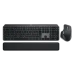 Vue frontale du combo Logitech MX Keys S avec souris MX Master 3S et repose-poignets