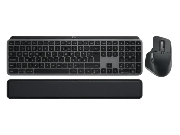 Vue frontale du combo Logitech MX Keys S avec souris MX Master 3S et repose-poignets