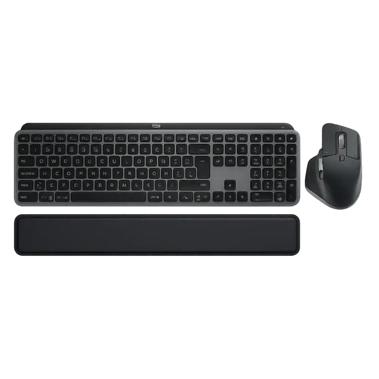 Vue frontale du combo Logitech MX Keys S avec souris MX Master 3S et repose-poignets