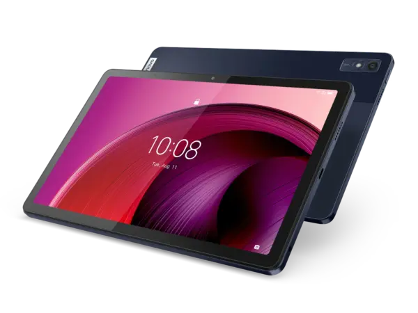 Vue d’ensemble de la tablette Lenovo Tab M10 5G avec écran 2K et design fin. Parfait pour les pros en télétravail.