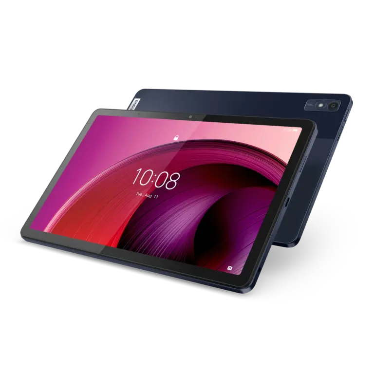 Vue d’ensemble de la tablette Lenovo Tab M10 5G avec écran 2K et design fin. Parfait pour les pros en télétravail.