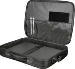 alt="Sacoche PC portable ouverte avec rangements pour accessoires, documents et stylos