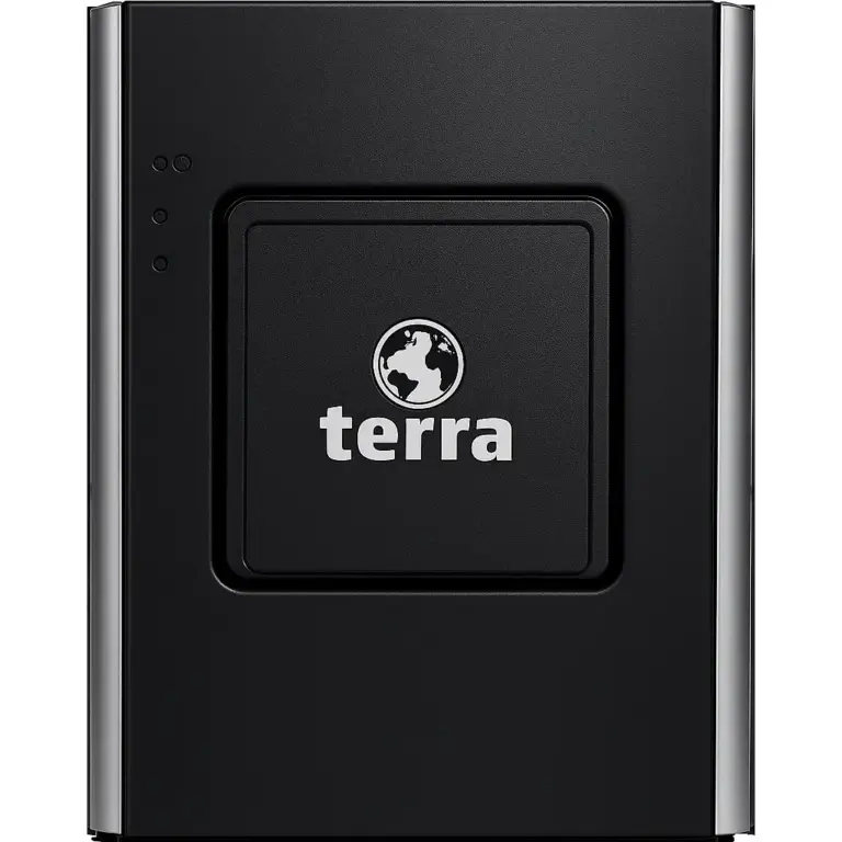 Gros plan sur le logo TERRA visible à l’avant du boîtier du serveur TERRA MINISERVER G5.