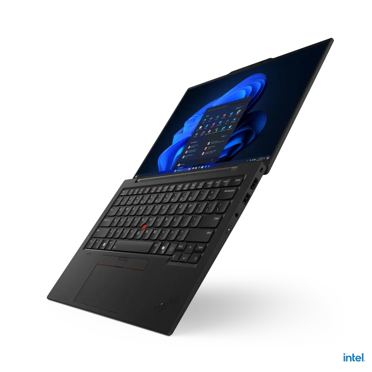 Ordinateur portable Lenovo ThinkPad X1 Carbon Gen 13 ouvert, vue en perspective gauche